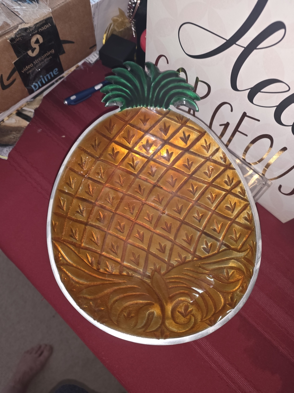 Amber Glass Pineapple Decorative Tray with Green Top